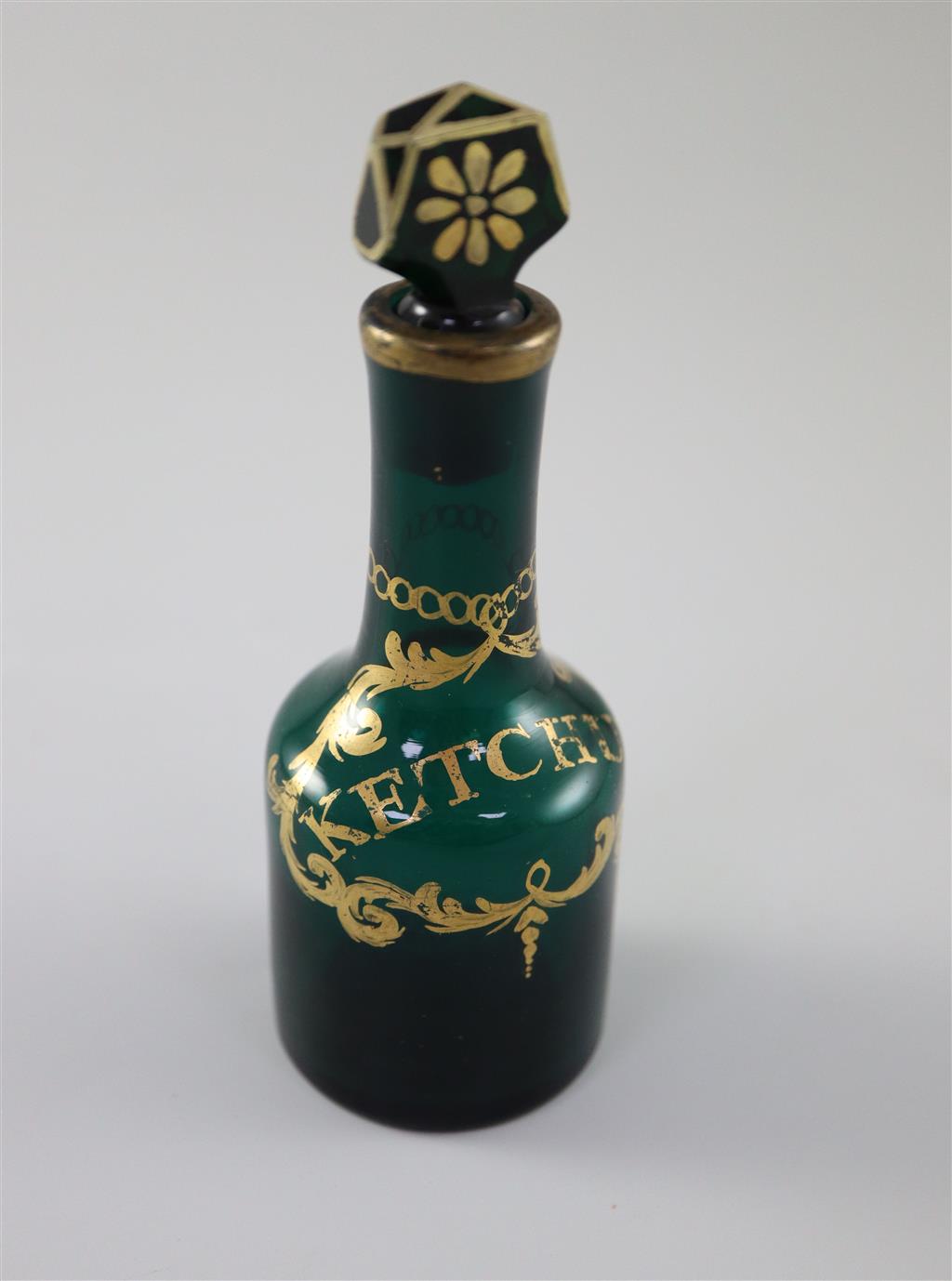 A George III green glass ketchup cruet bottle and stopper, gilded in the James Giles atelier, c.1770, 11.5cm high